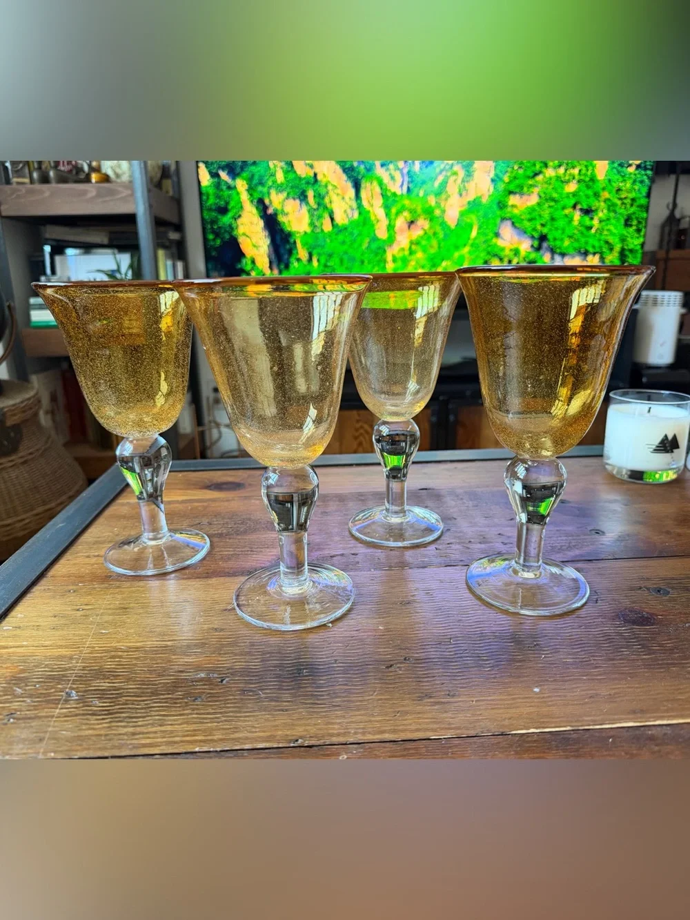 Vintage Pier 1 (4) Amber Bubble Glass Wine Goblets